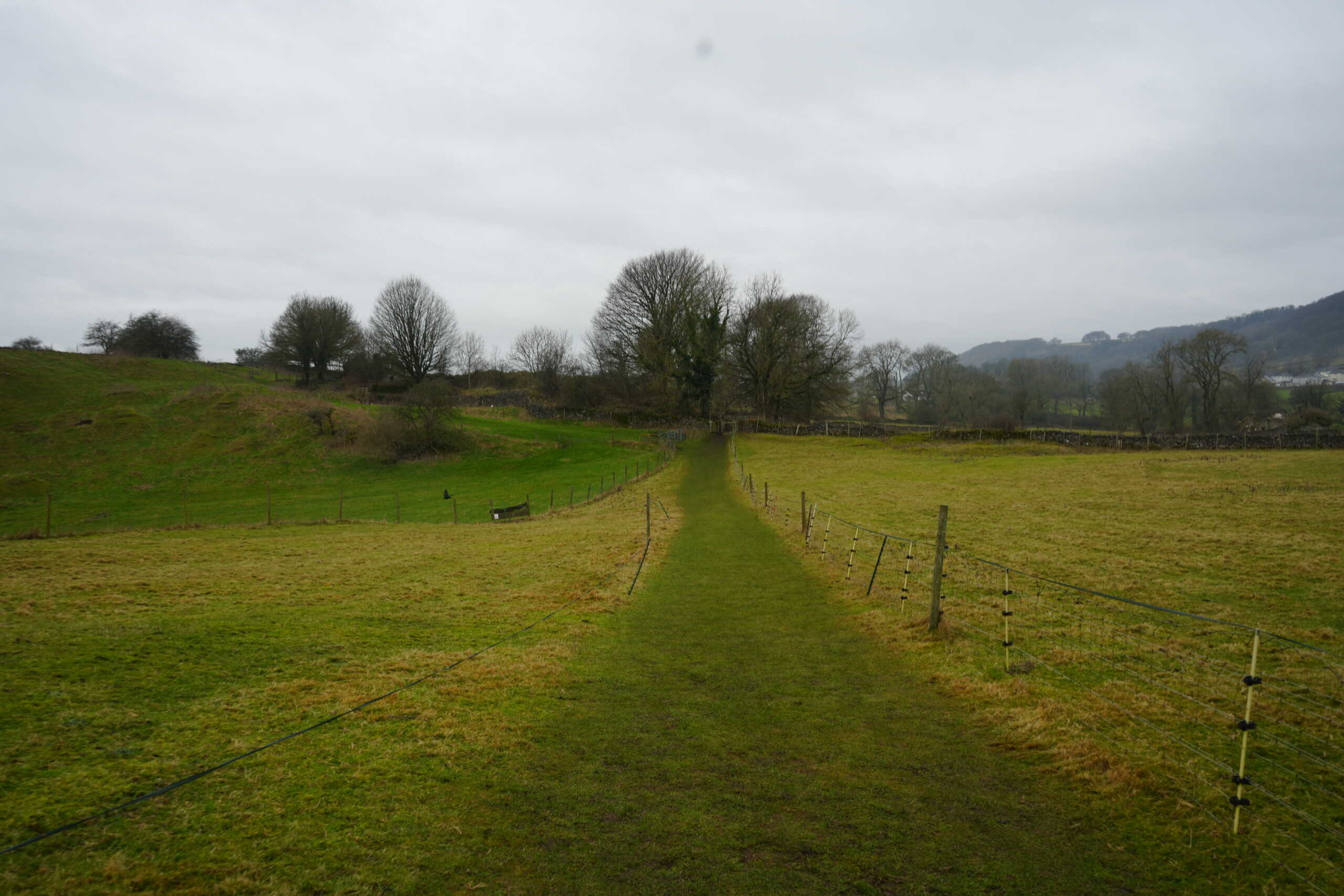 Field_Towards_Squeeze_Stile A narrow grassy footpath runs through a field, bordered by wire fencing on both sides. The path leads towards a small gate in the distance, surrounded by trees and rolling countryside. The overcast sky casts a soft, diffused light over the landscape.