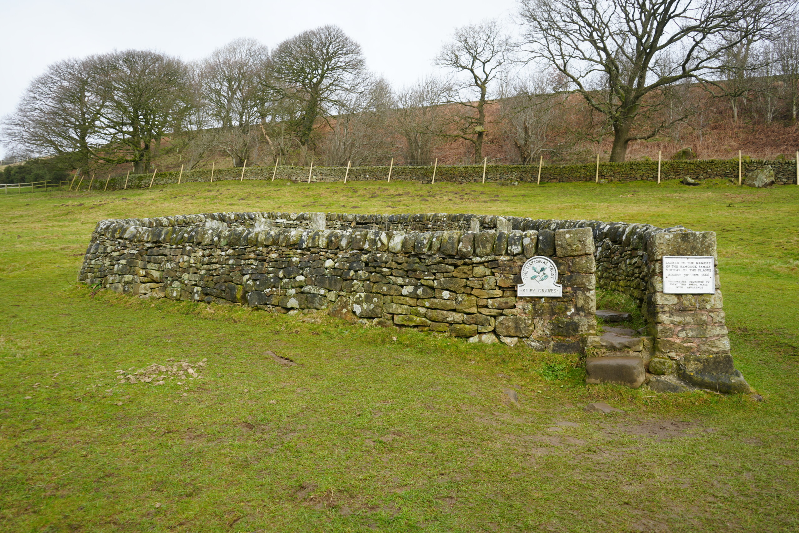 Riley_Grave_Front_On The Riley Graves in Eyam, England, enclosed by a weathered dry-stone wall with an entrance featuring a small stone step. A National Trust plaque is mounted on the wall, marking the historical significance of the site where Elizabeth Hancock buried her husband and six children during the 1665 plague. Another memorial plaque is fixed to the entrance pillar. The graves sit in an open grassy field, surrounded by rolling hills and leafless trees, under an overcast sky.