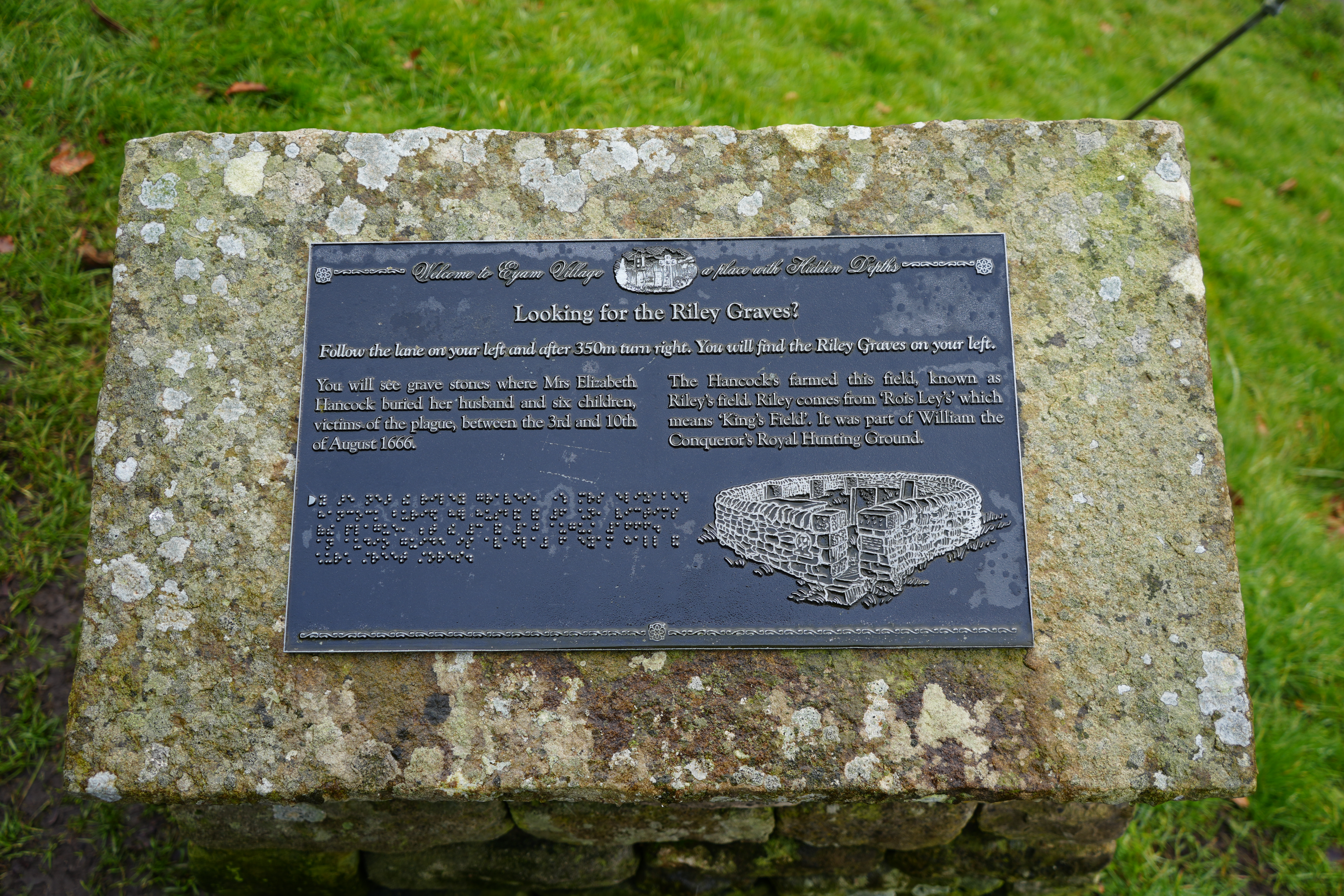 Riley_Grave_Information_Plaque A black informational plaque mounted on a weathered stone block in Eyam, England, providing historical details about the Riley Graves. The plaque explains that Mrs. Elizabeth Hancock buried her husband and six children, victims of the 1666 plague, in this location. It also describes the origins of 'Riley' from 'Rois Leys,' meaning 'King’s Field,' which was part of William the Conqueror’s Royal Hunting Ground. The plaque includes an engraved illustration of the graves and features Braille text for accessibility. The surrounding area is covered in green grass, adding to the solemn historical atmosphere.