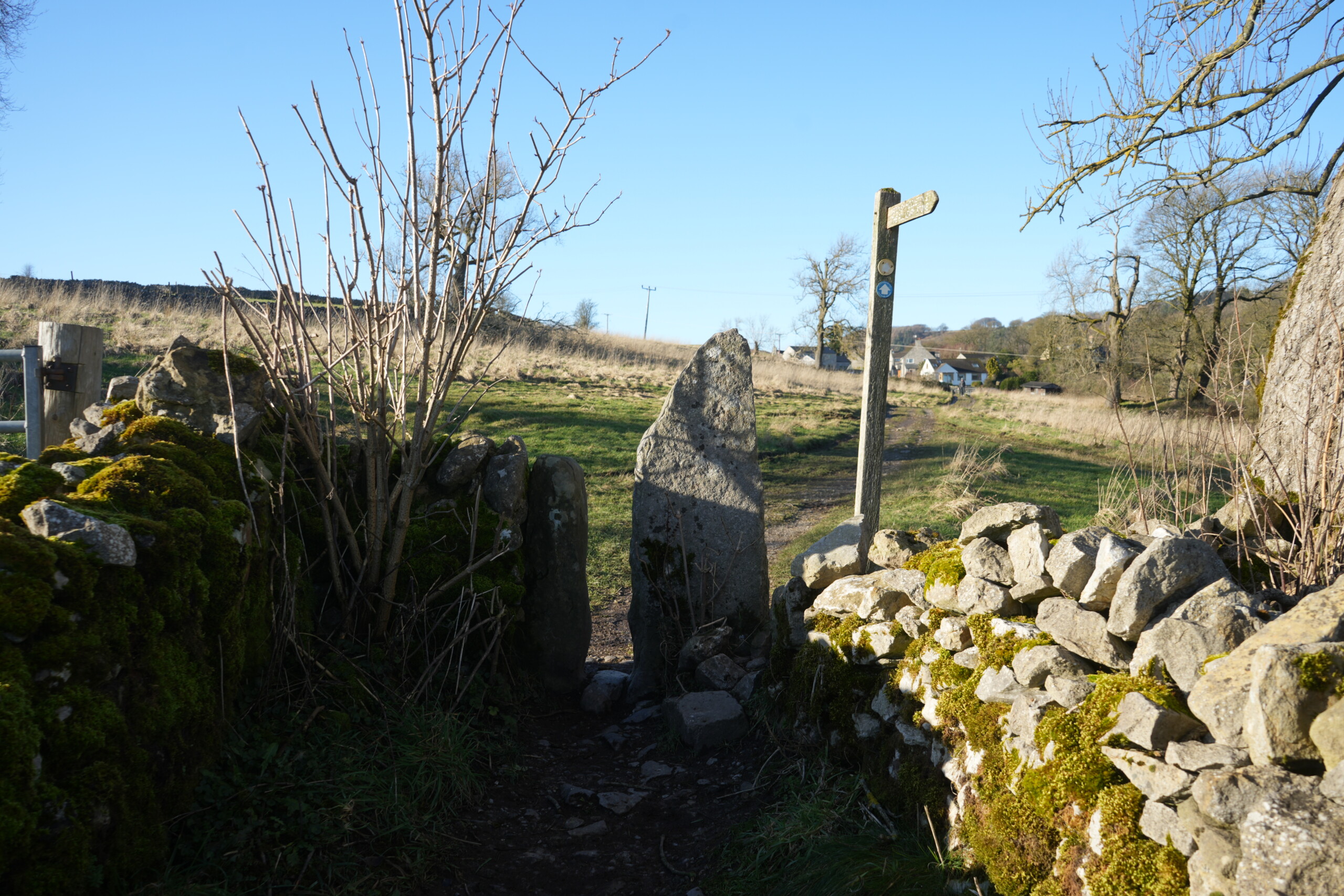 Squeeze_Stile_Towards_Farm_Buildings A traditional squeeze stile made of large, upright stone slabs set within a moss-covered dry stone wall. A wooden signpost stands nearby, marking the footpath leading towards open fields and distant farm buildings under a clear blue sky.