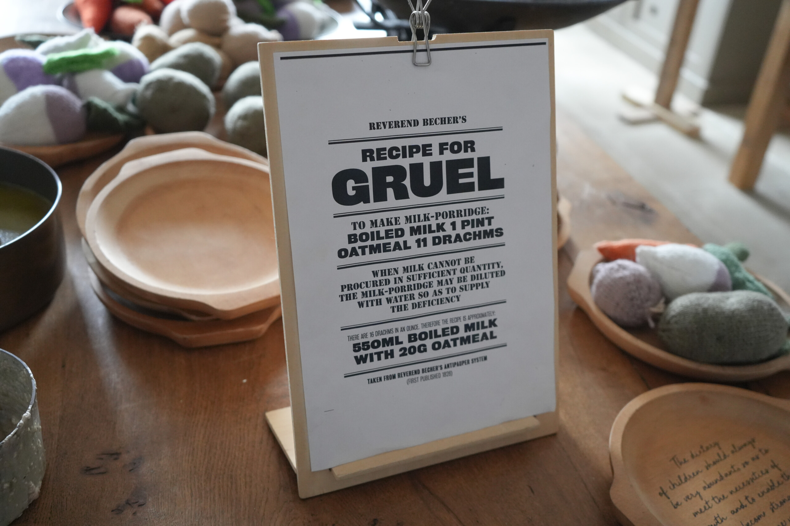 Reverend Bechers Gruel Recipe Display In Historic Kitchen Southwell Workhouse Nottinghamshire England Gruel at the Workhouse in Southwell