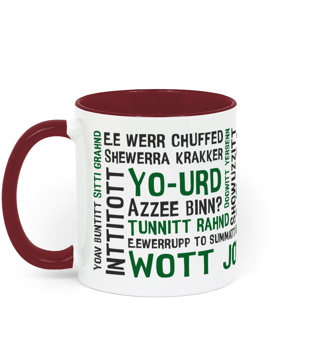 A white mug with black and green Nottingham slang phrases, shown with a burgundy handle and inner.