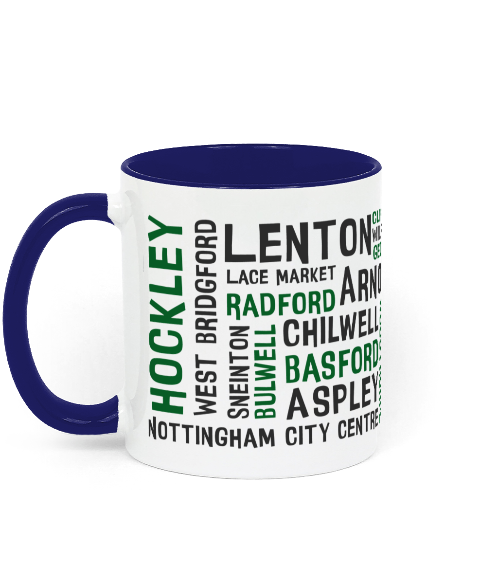 A white mug with black and green Nottingham place names, shown with a blue handle and inner, with customisable colour options.