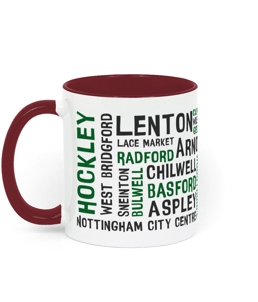 A white mug with black and green Nottingham place names, shown with a burgundy handle and inner, with customisable colour options.