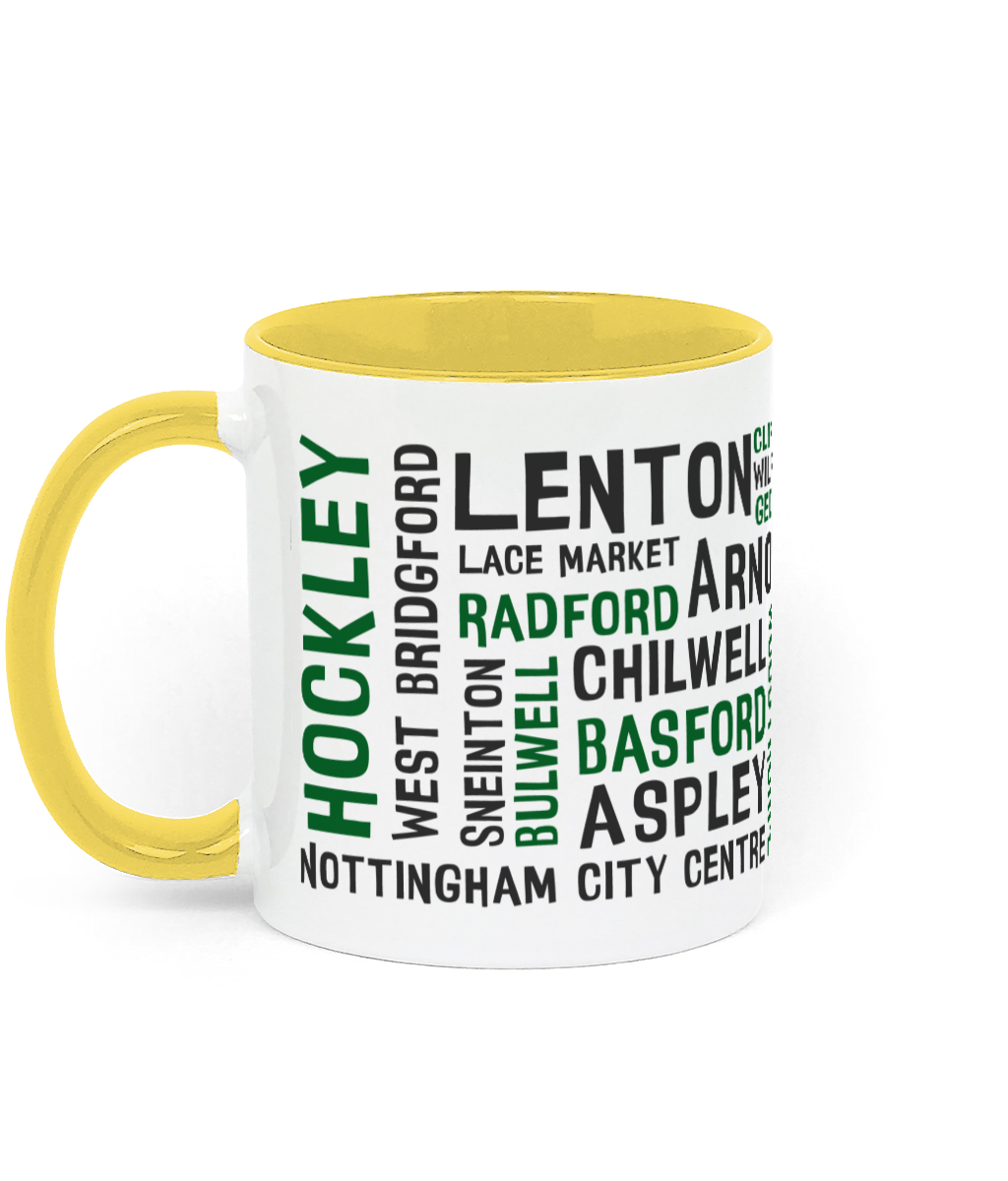 A white mug with black and green Nottingham place names, shown with a yellow handle and inner, with customisable colour options.