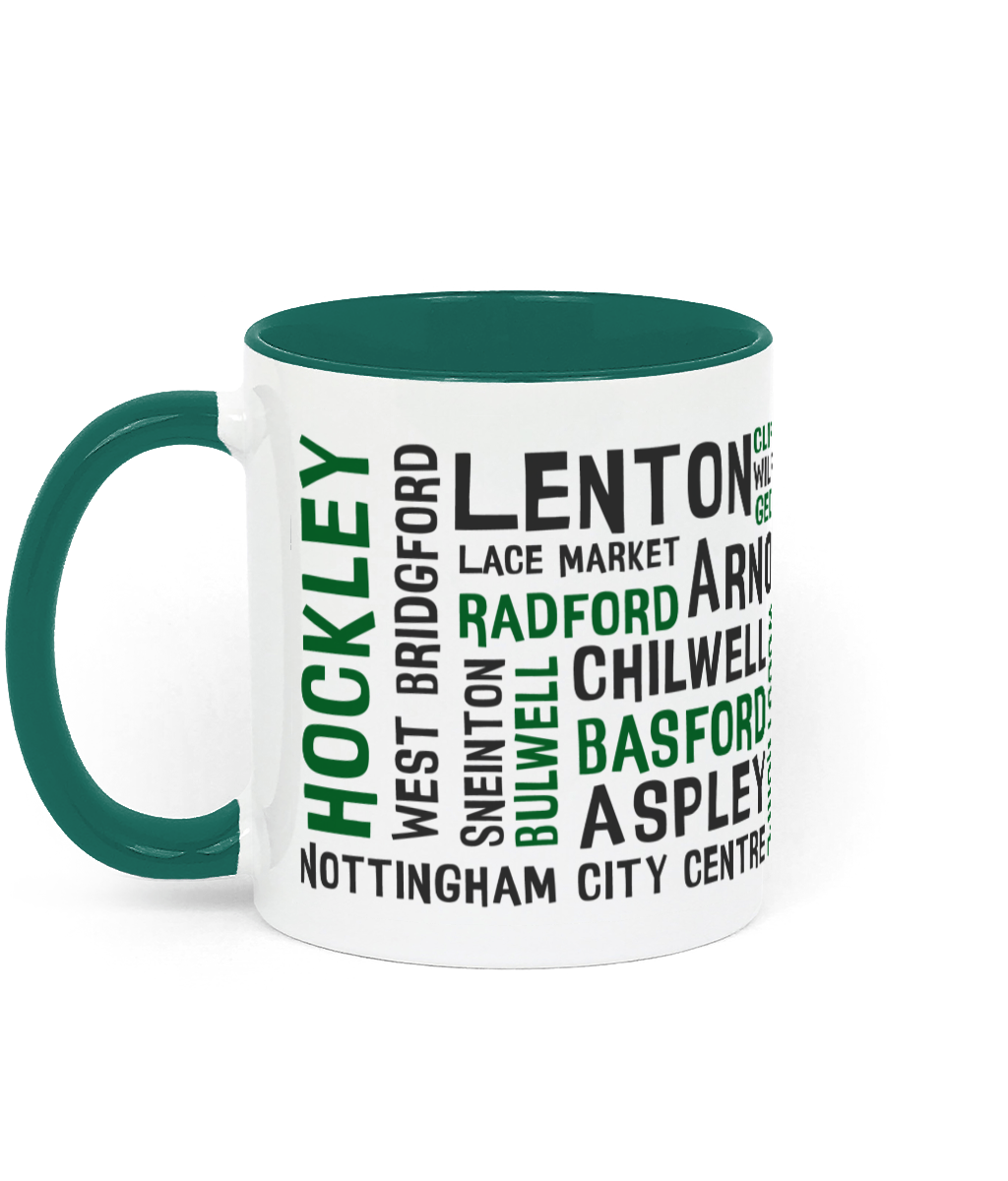 A white mug with black and green Nottingham place names, shown with a green handle and inner, with customisable colour options.