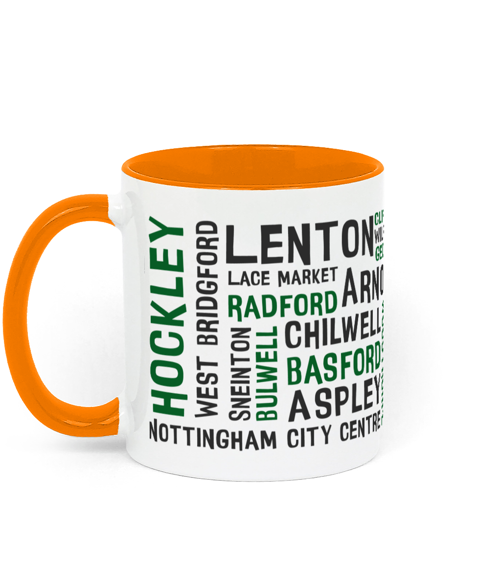 A white mug with black and green Nottingham place names, shown with a orange handle and inner, with customisable colour options.