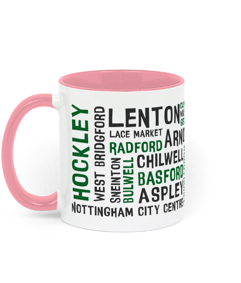 A white mug with black and green Nottingham place names, shown with a pink handle and inner, with customisable colour options.