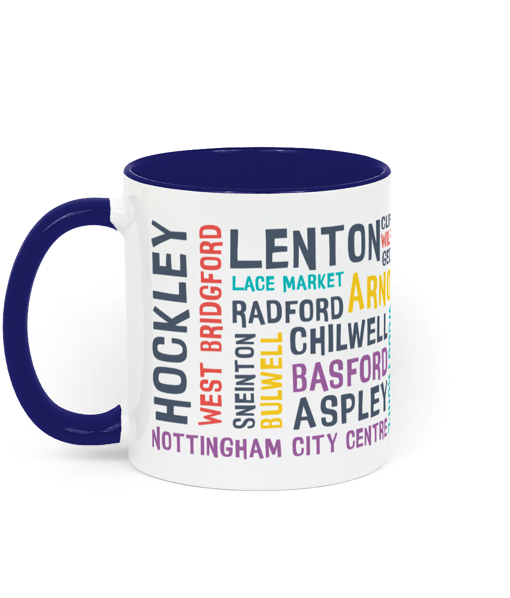 A white mug with colourful Nottingham place names, shown with a blue handle and inner, with customisable colour options.