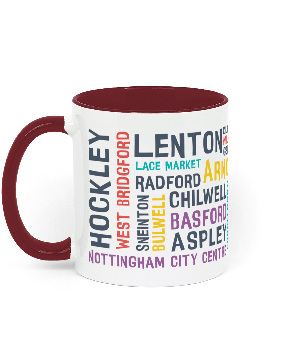 A white mug with colourful Nottingham place names, shown with a burgundy handle and inner, with customisable colour options.