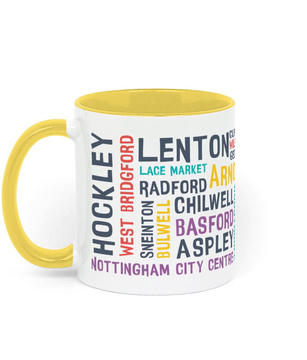 A white mug with colourful Nottingham place names, shown with a yellow handle and inner, with customisable colour options.