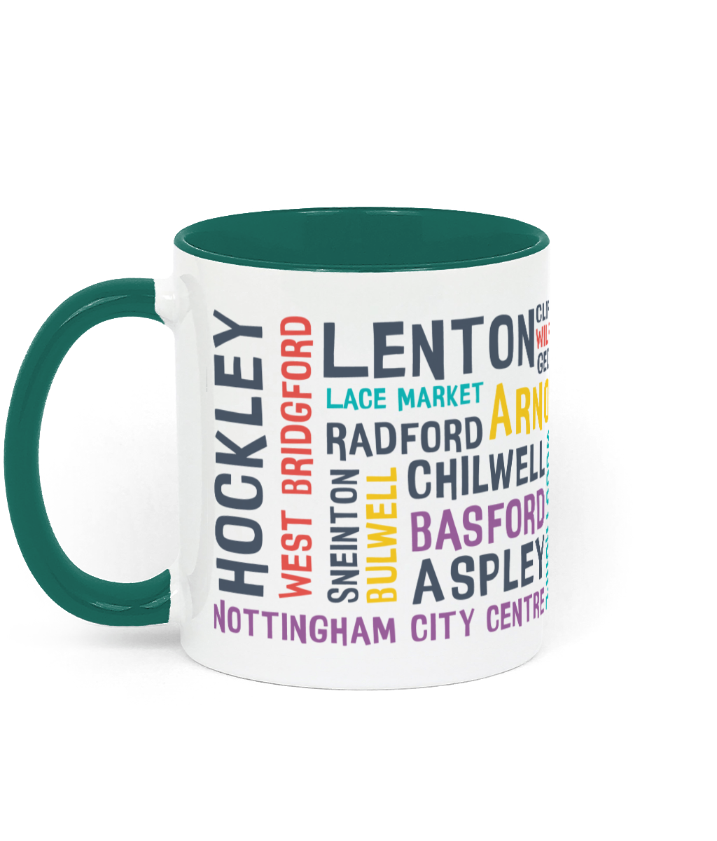 A white mug with colourful Nottingham place names, shown with a green handle and inner, with customisable colour options.