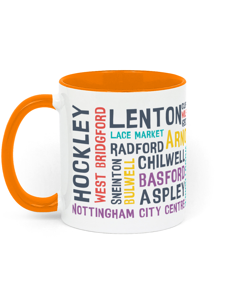 A white mug with colourful Nottingham place names, shown with a orange handle and inner, with customisable colour options.