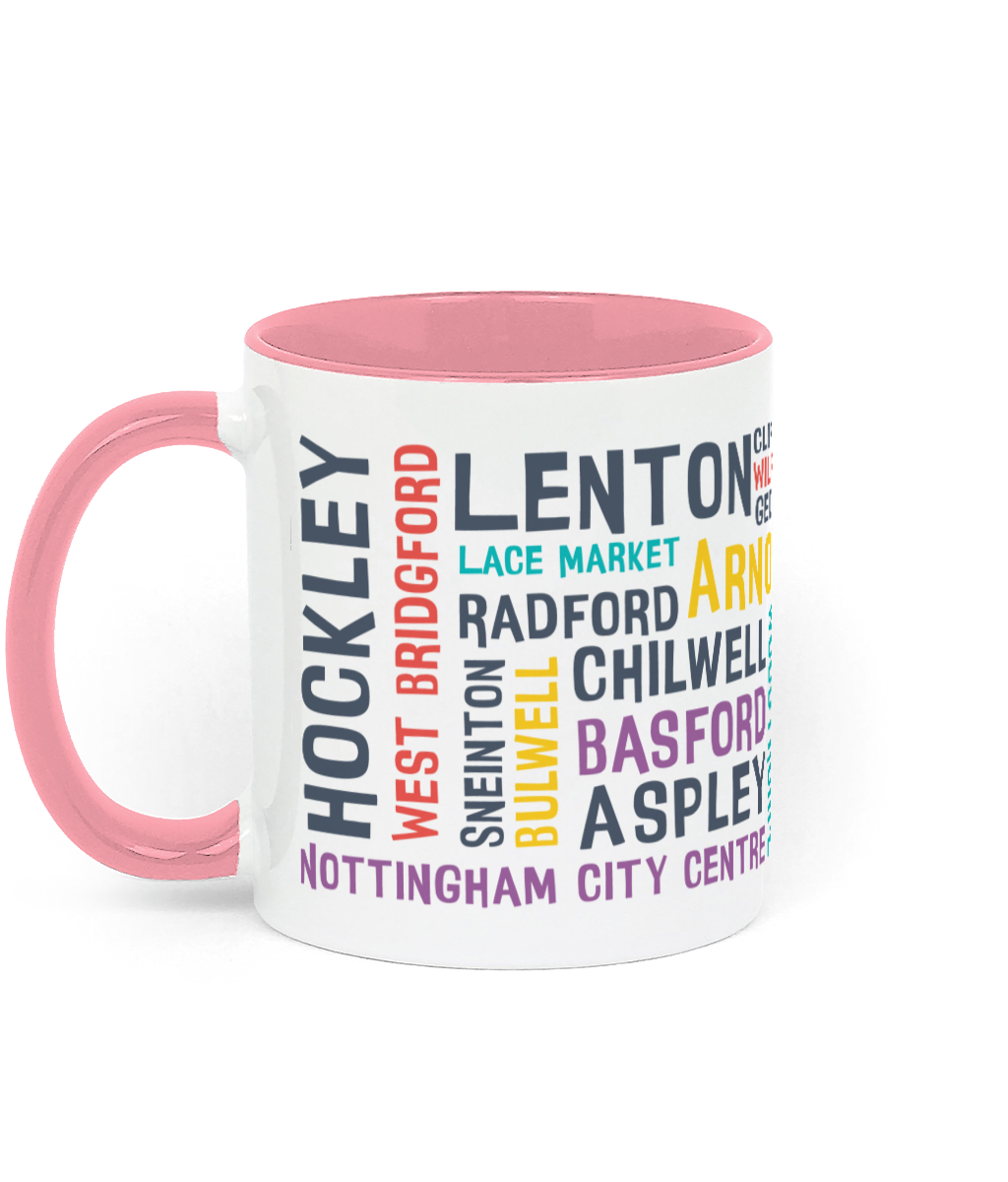 A white mug with colourful Nottingham place names, shown with a pink handle and inner, with customisable colour options.