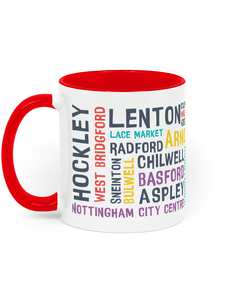 A white mug with colourful Nottingham place names, shown with a red handle and inner, with customisable colour options.