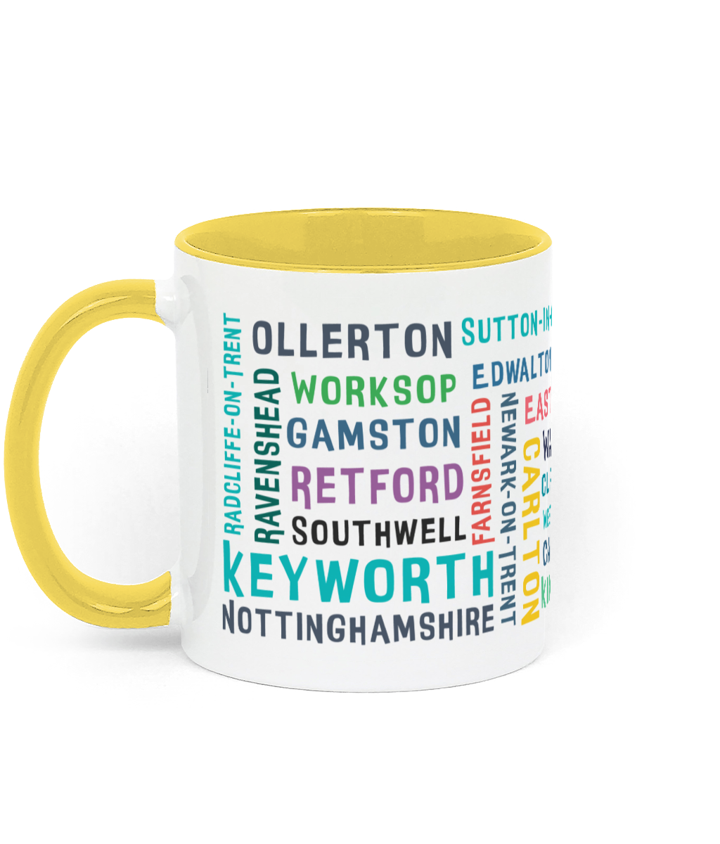 A white ceramic mug with a yellow handle and rim, featuring colourful text listing 30 Nottinghamshire places such as Keyworth, Retford, Southwell, Worksop, and Radcliffe-on-Trent.