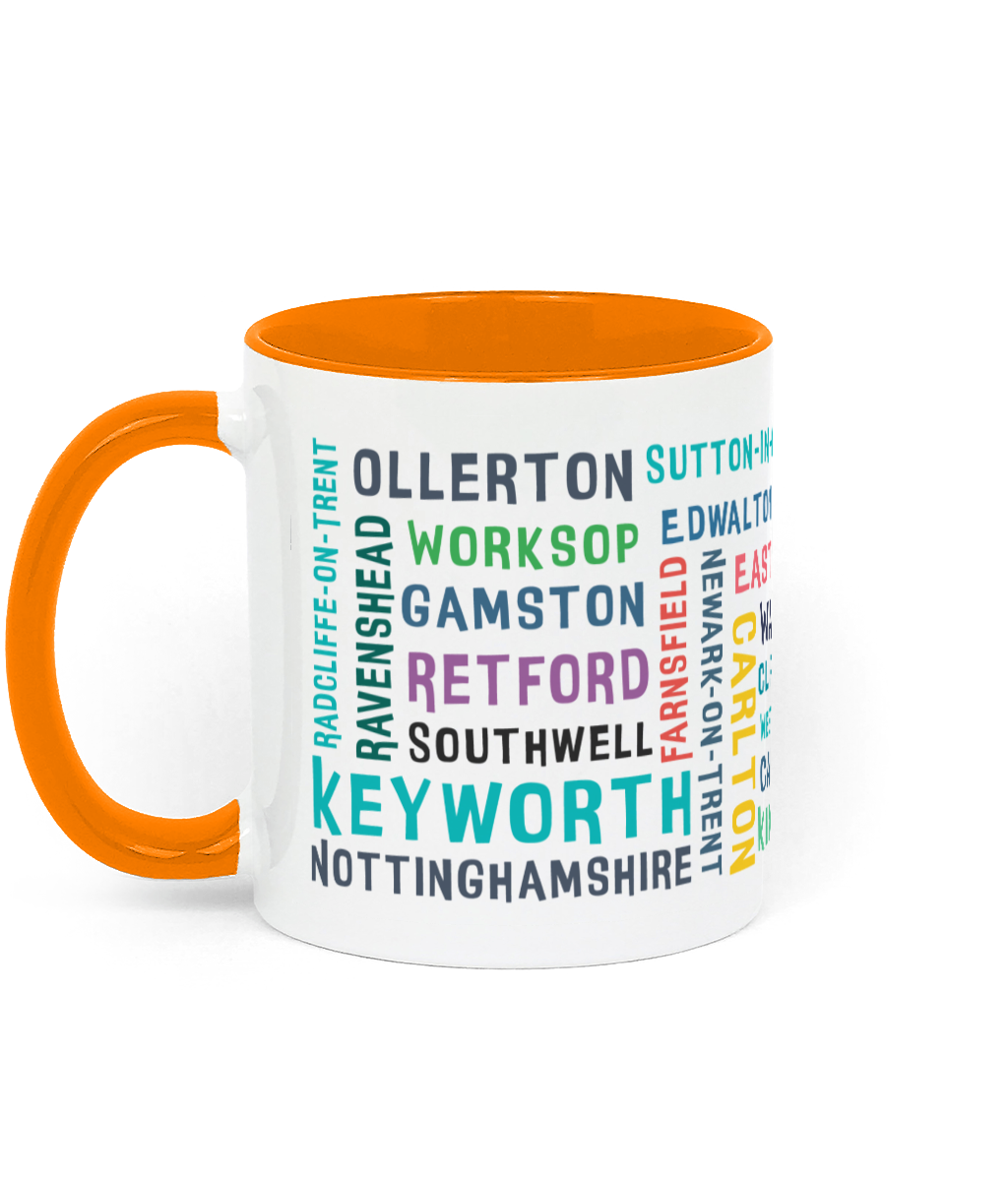 A white ceramic mug with a orange handle and rim, featuring colourful text listing 30 Nottinghamshire places such as Keyworth, Retford, Southwell, Worksop, and Radcliffe-on-Trent.