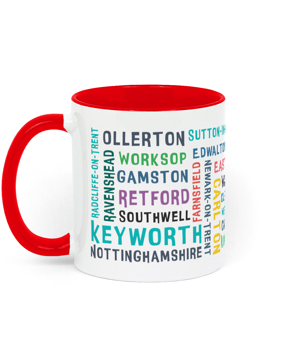 A white ceramic mug with a red handle and rim, featuring colourful text listing 30 Nottinghamshire places such as Keyworth, Retford, Southwell, Worksop, and Radcliffe-on-Trent.