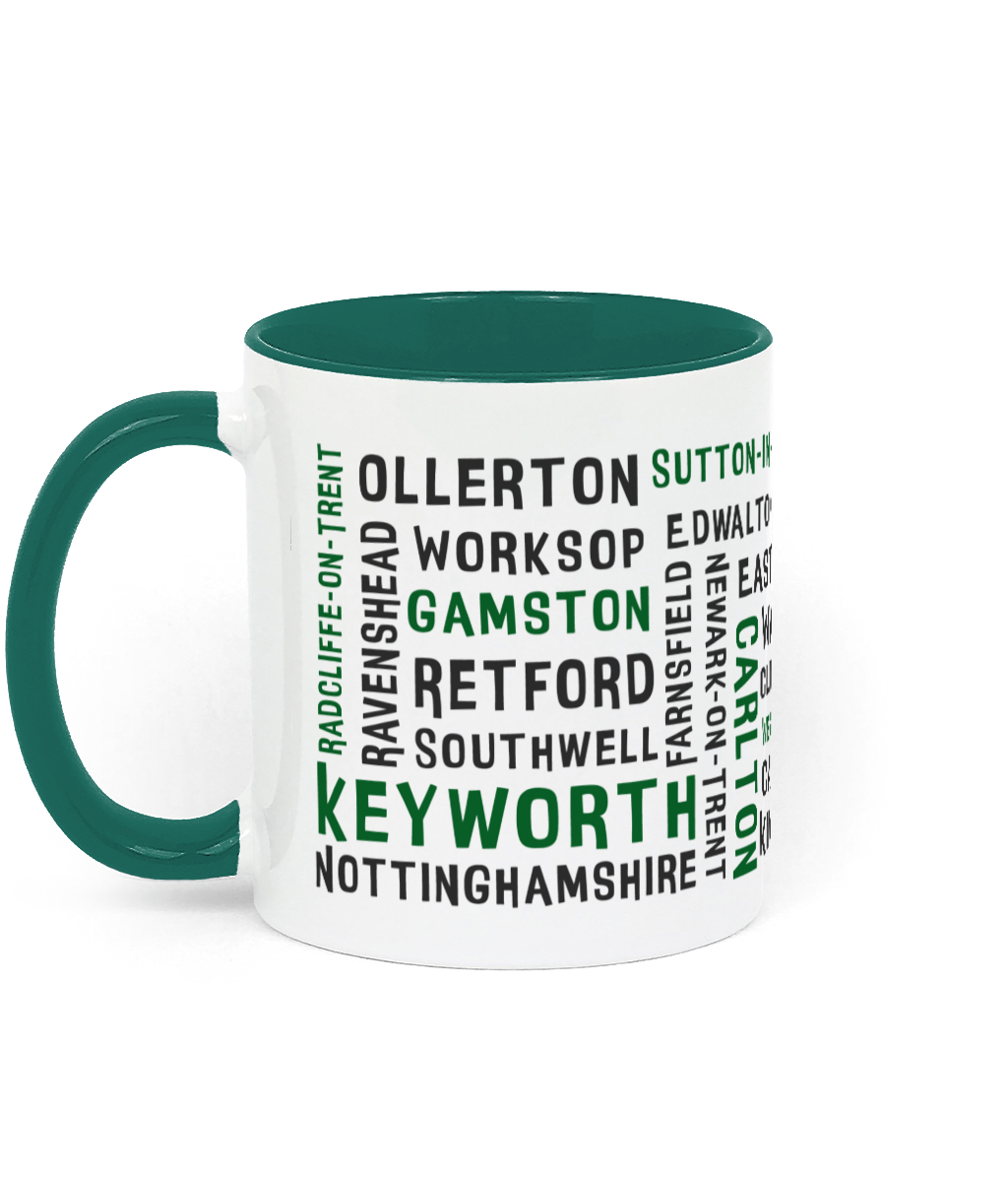 A white ceramic mug with a green handle and inner, featuring black and green text listing 30 Nottinghamshire places such as Keyworth, Retford, Gamston, Ravenshead, and Southwell. The handle and inner colour can be customised.