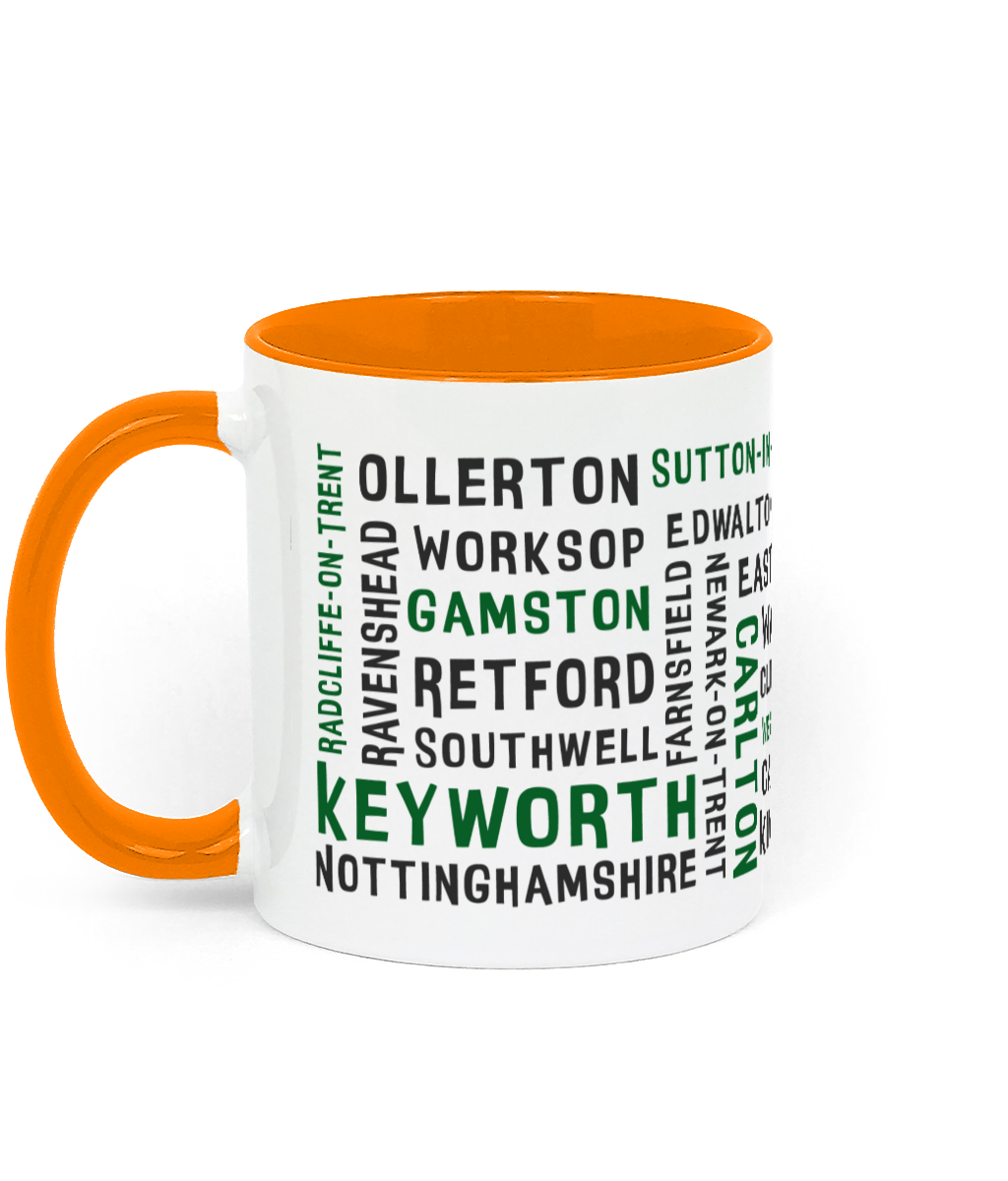 A white ceramic mug with a orange handle and inner, featuring black and green text listing 30 Nottinghamshire places such as Keyworth, Retford, Gamston, Ravenshead, and Southwell. The handle and inner colour can be customised.