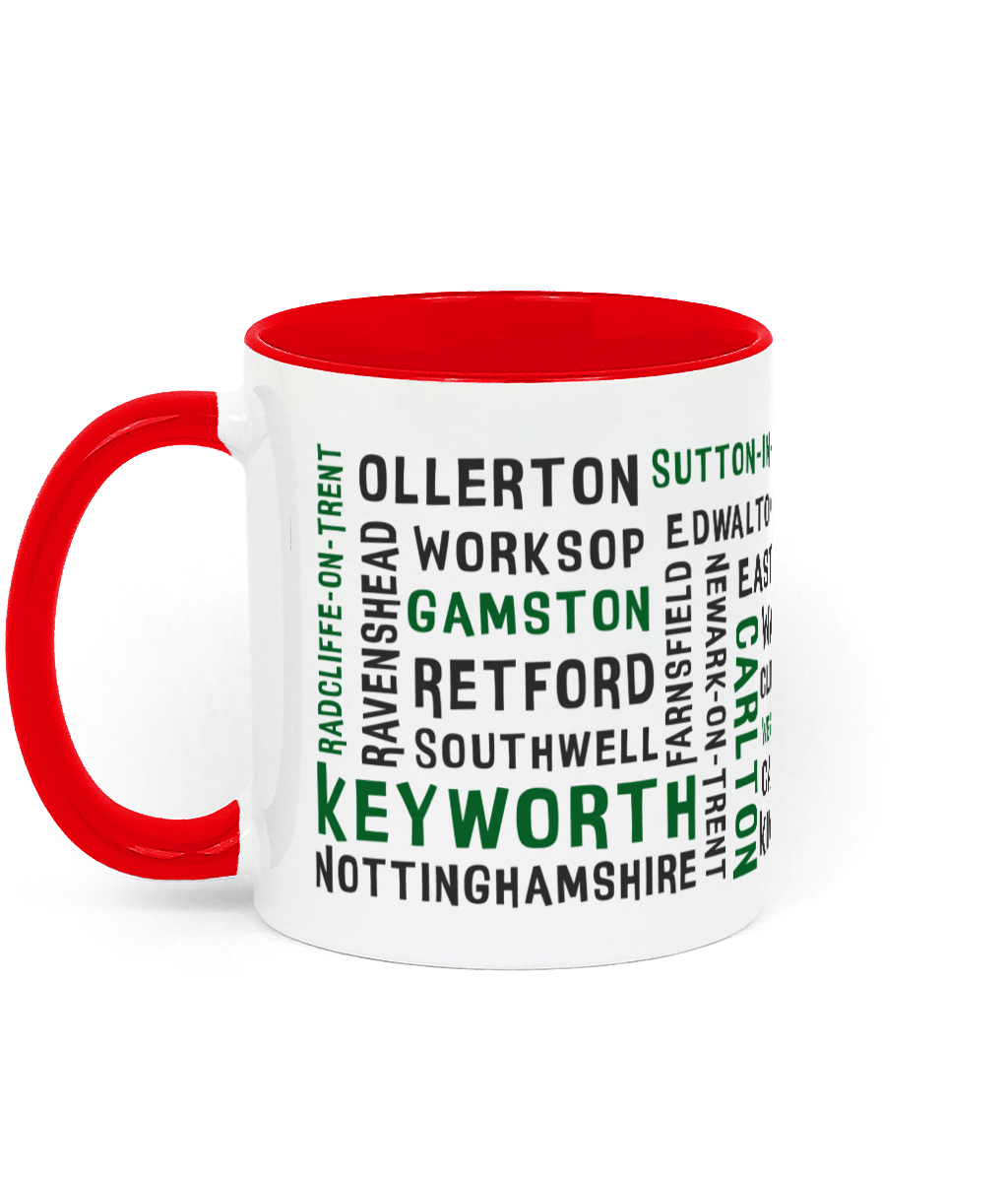 A white ceramic mug with a red handle and inner, featuring black and green text listing 30 Nottinghamshire places such as Keyworth, Retford, Gamston, Ravenshead, and Southwell. The handle and inner colour can be customised.