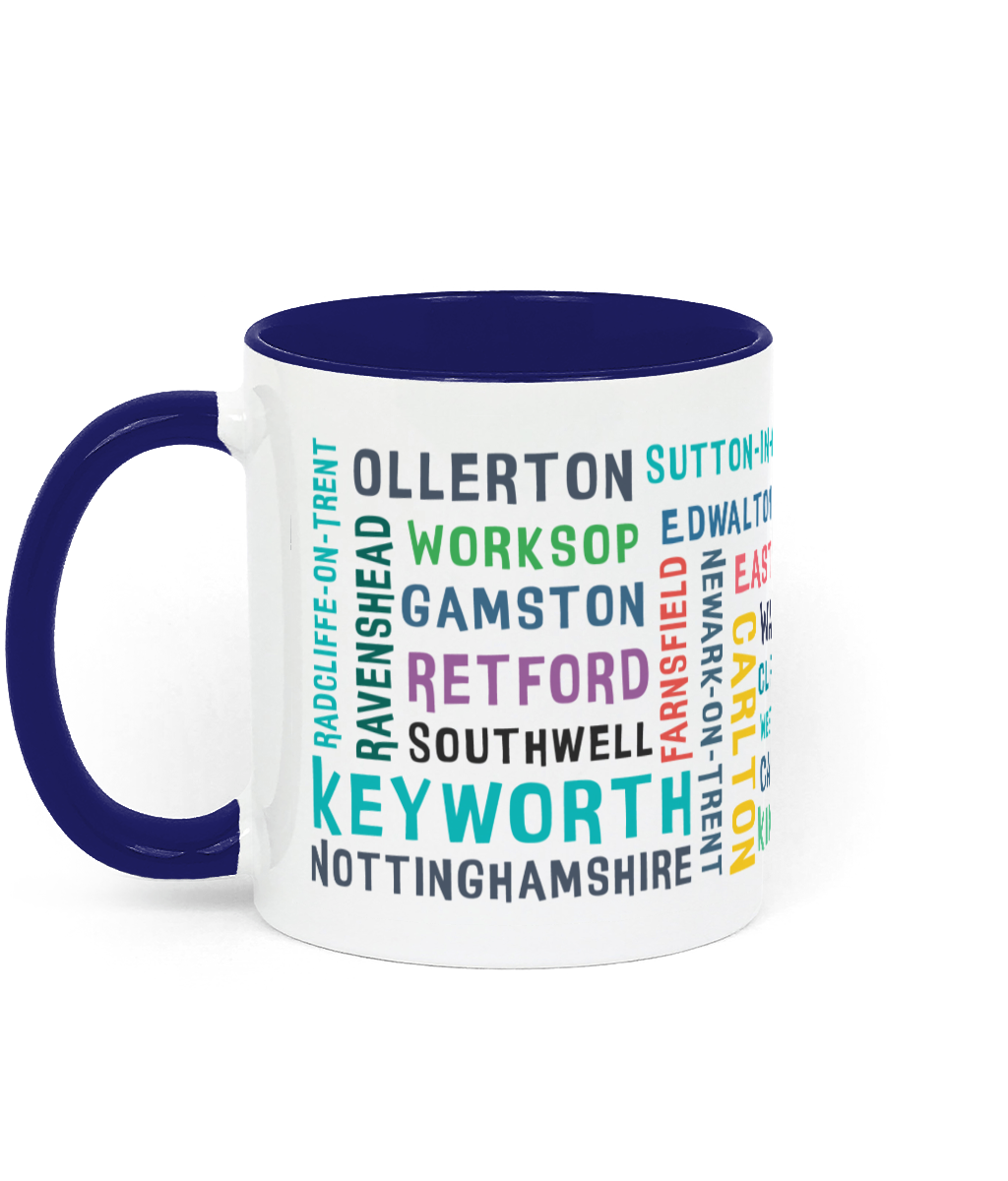 A white ceramic mug with a blue handle and rim, featuring colourful text listing 30 Nottinghamshire places such as Keyworth, Retford, Southwell, Worksop, and Radcliffe-on-Trent.